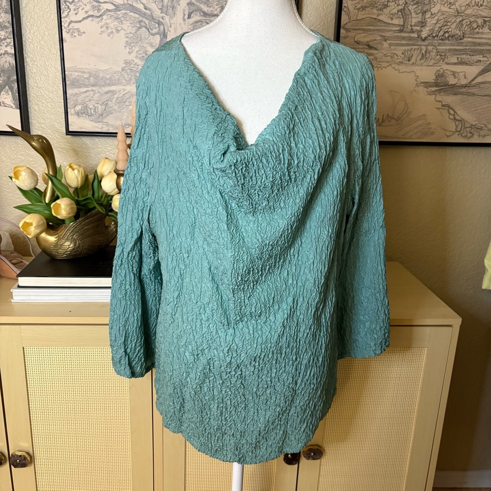 BRYN WALKER Teal Crinkled Silk Cowl Neck Shirt Size Large‎